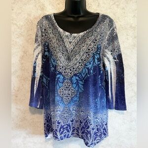 Reba Woman Blue Lace Print Embellished Rhinestones Pull Over Top 3/4 Sleeve 1X